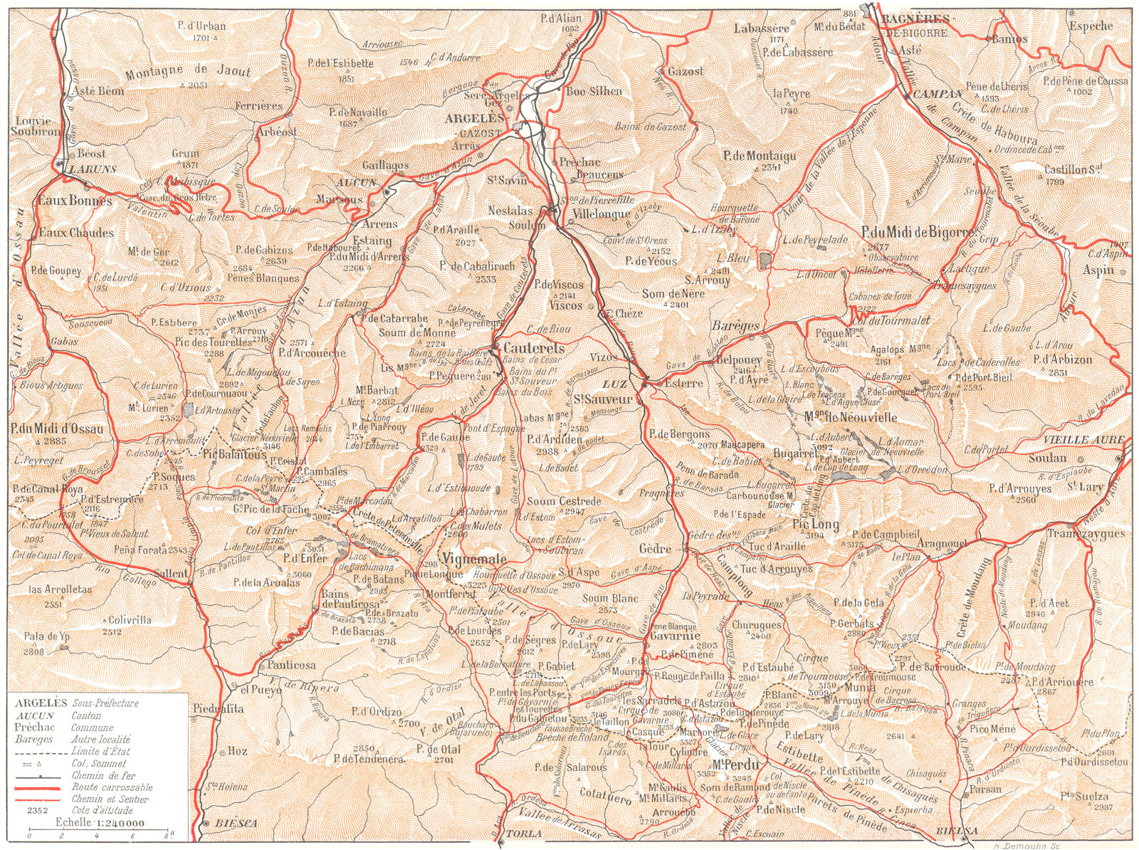 HAUTES- PYRÉNÉES. Pyrénées- Gavarnie 1900 old antique vintage map plan chart